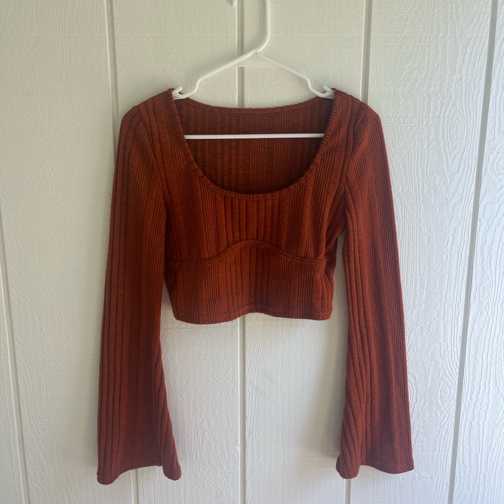 Ribbed Scoop Neck Long Sleeve Crop Top - Rust